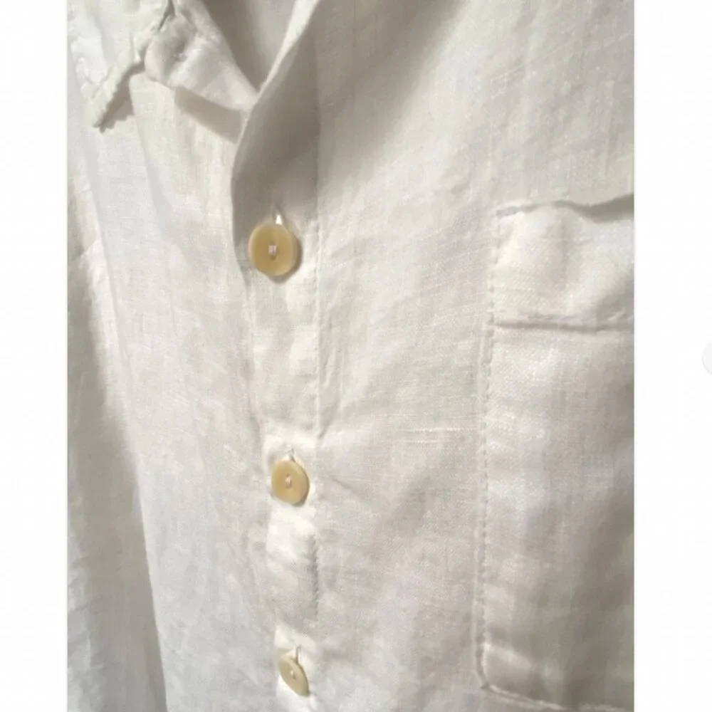 FLAX 100% Linen Short Sleeve White Collared Shirt Size M - Picture 3 of 5